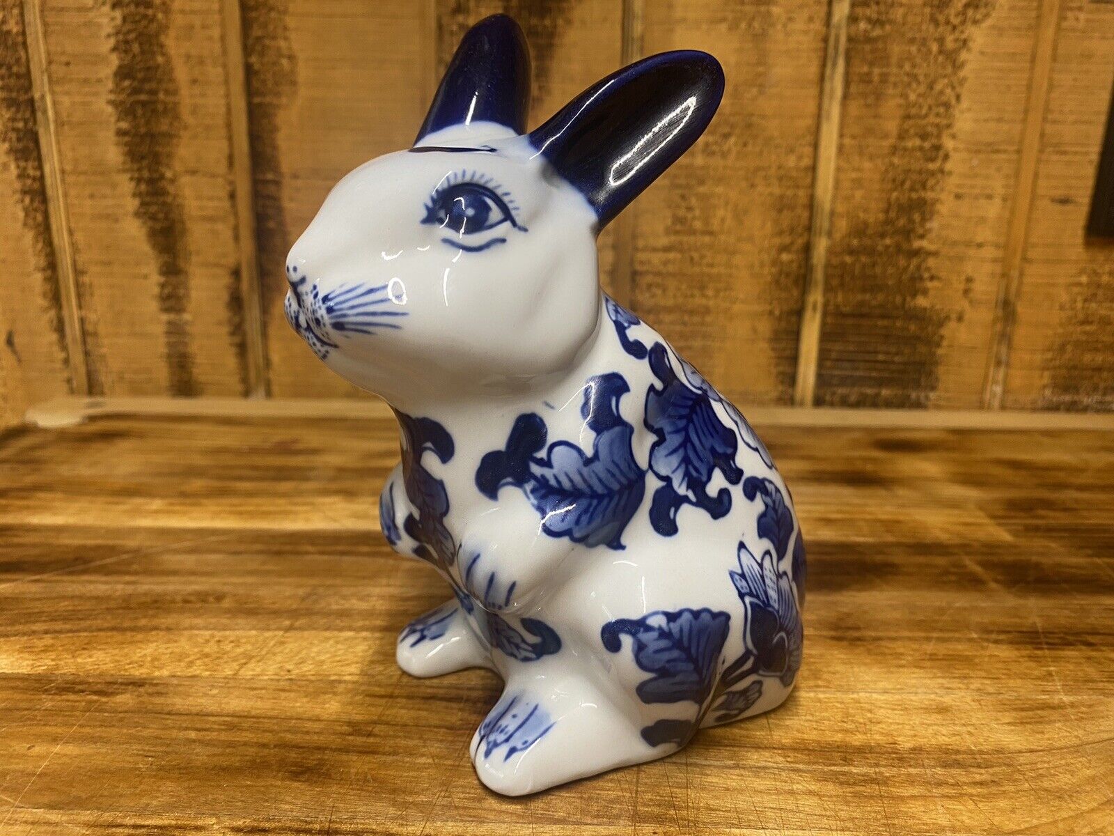 Chinoiserie Cobalt Blue & White Porcelain Bunny Rabbit Figurine 8”