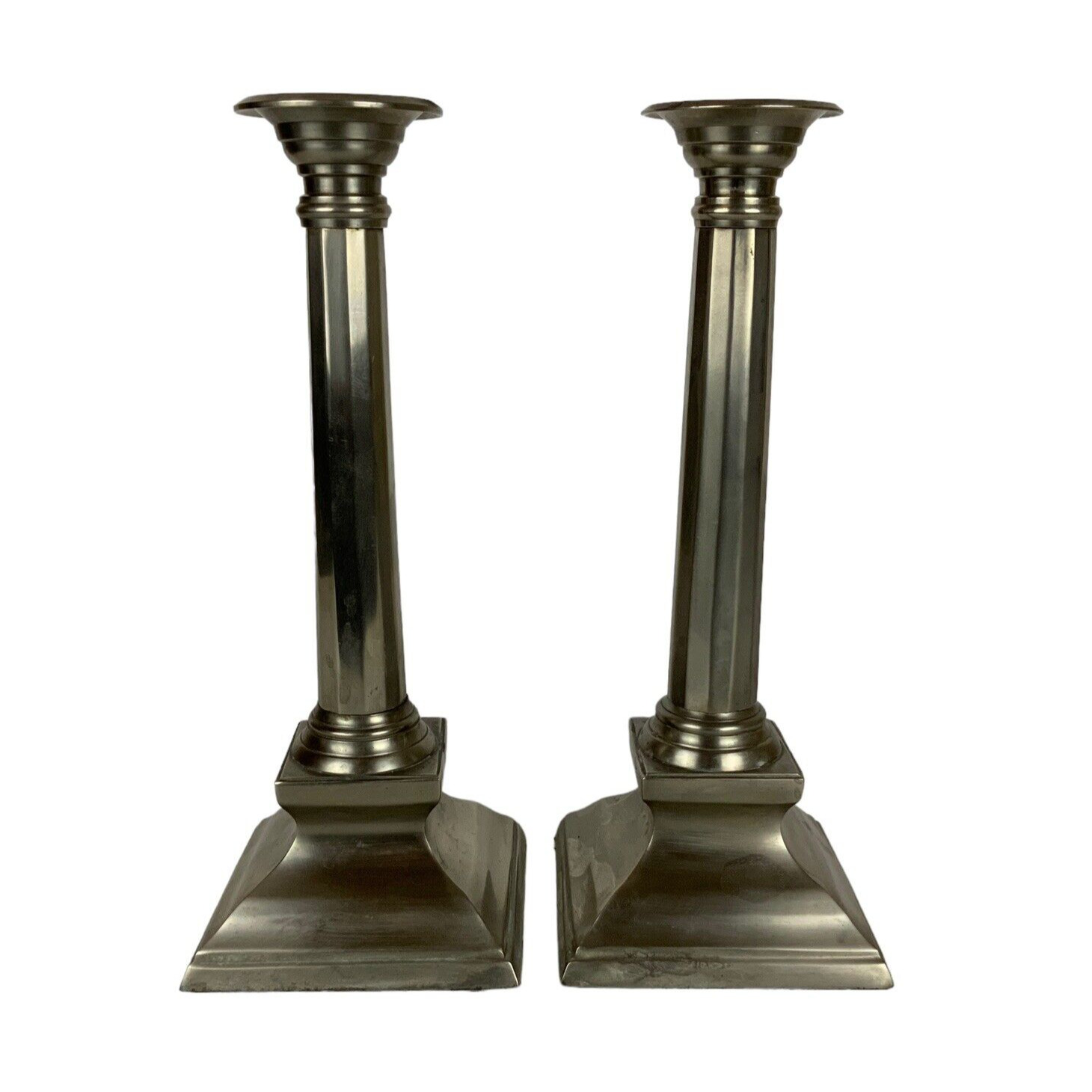 Brushed Nickel Pewter Candlesticks Taper Candle Holders Square Base Traditional