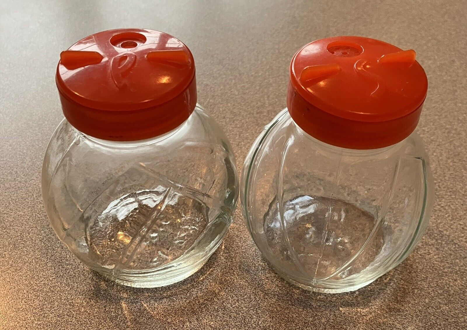 Vintage Hazel Atlas Clear Round Glass Salt and Pepper Shakers with Red Lids