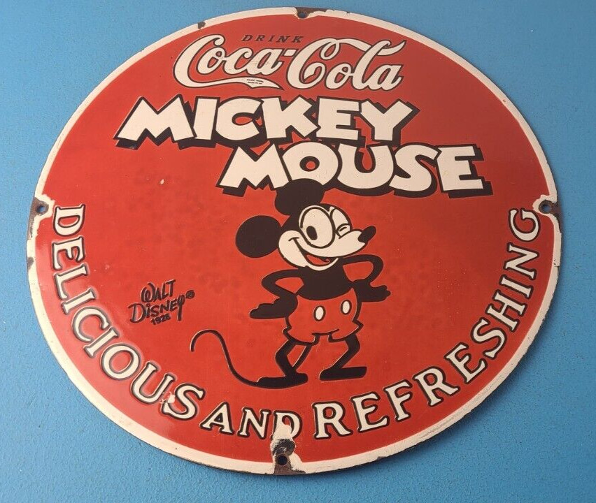 Vintage Coca Cola Sign - Disney Mickey Mouse Refreshing Soda Gas Porcelain Sign