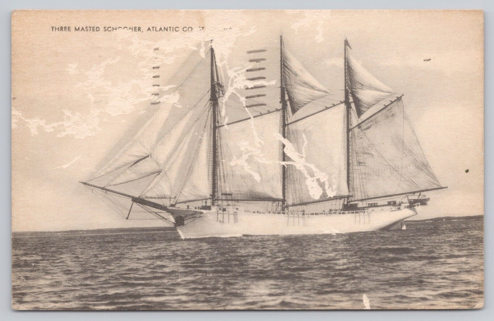 Gloucester Massachusetts, Three Masted Schooner, Atlantic Coast Vintage Postcard