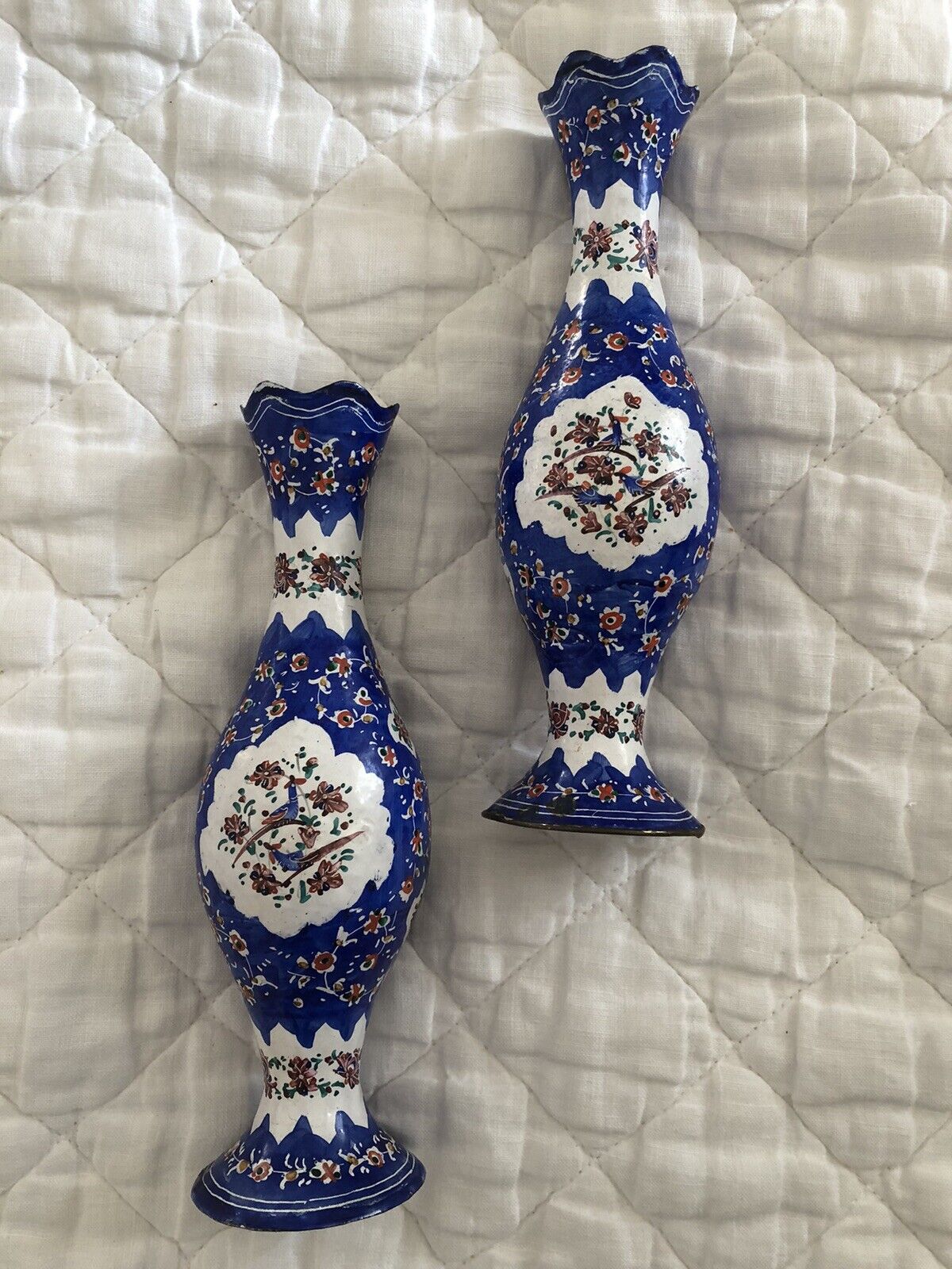 Pair Vintage Eastern Folk Hand Painted Metalware Vases Blue Bird 7.5” Tall