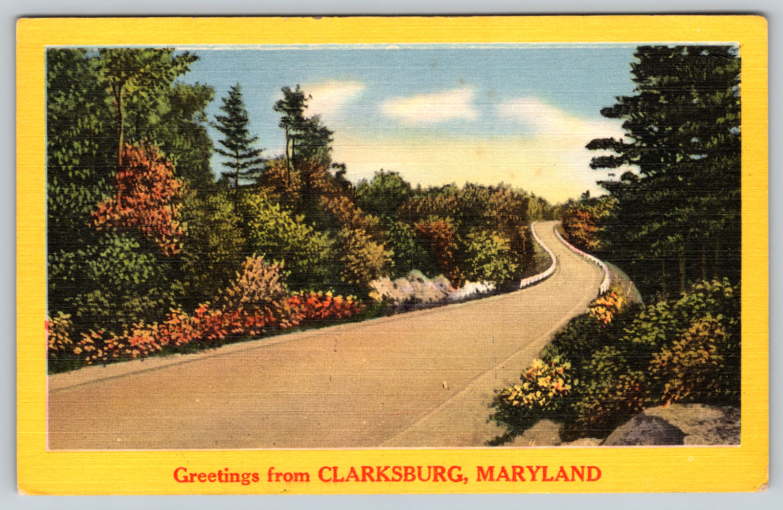 c1950s Greetings Clarksburg Maryland Highway Road White Fence Vintage Postcard
