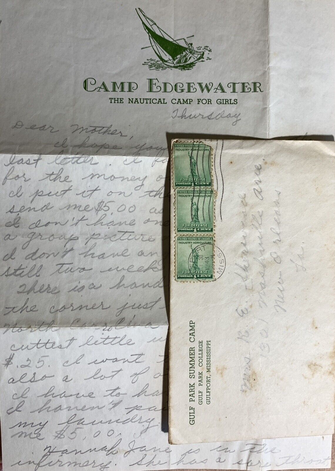 Camp Edgewater/NAUTICAL CAMP FOR GIRLS/Gulfport, MS/1943 Letter w/3-1¢ Stamps