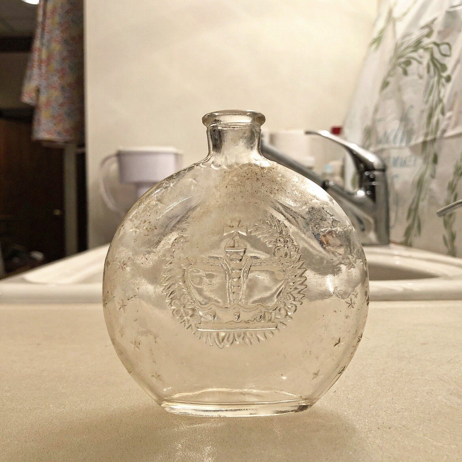 Fancy 1940s Possibly Holy Water Bottle Crown With Cross & Wreath Embossed Nice