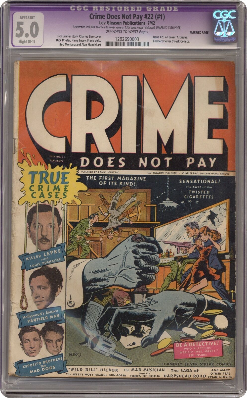 Crime Does Not Pay #22 CGC 5.0 RESTORED 1942 1292690003