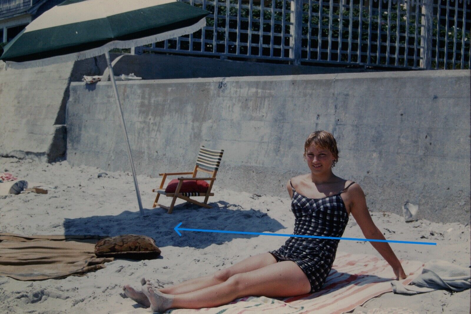 1961 35mm Slide Woman Maine Beach Sunning Sun bathing Swimwear #1171