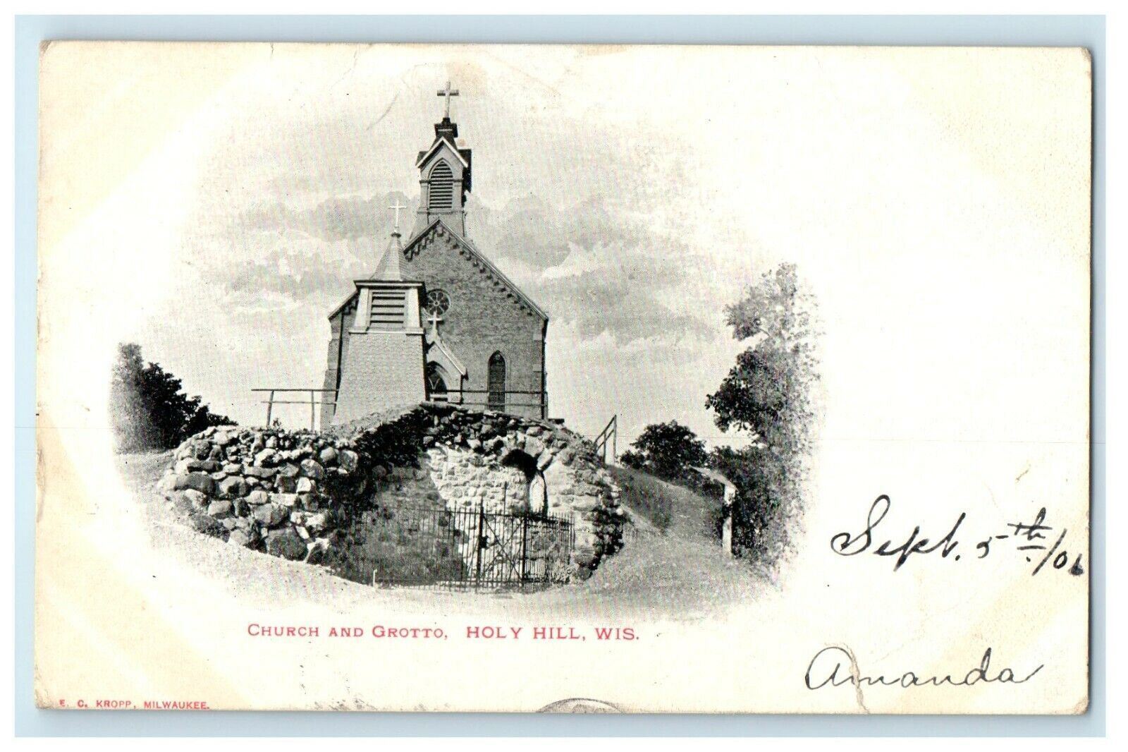 1906 Church and Grotto Holy Hill, Wisconsin WI Antique Postcard