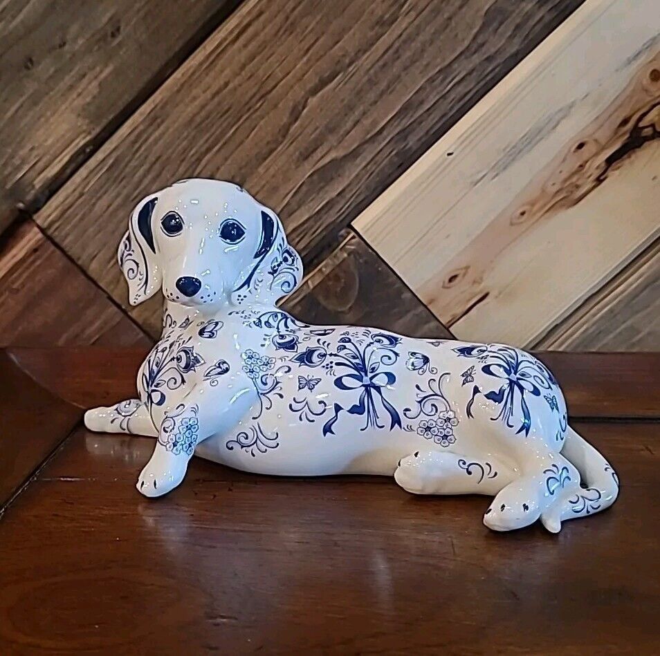 Danbury Mint Elegant Companion Porcelain Blue Delft Style Dachshund Dog Statue