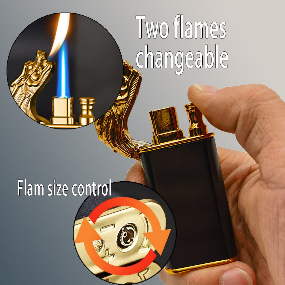 Novelty Dual Flame Black Gold Dragon Lighter Jet Windproof Metal Lighters US