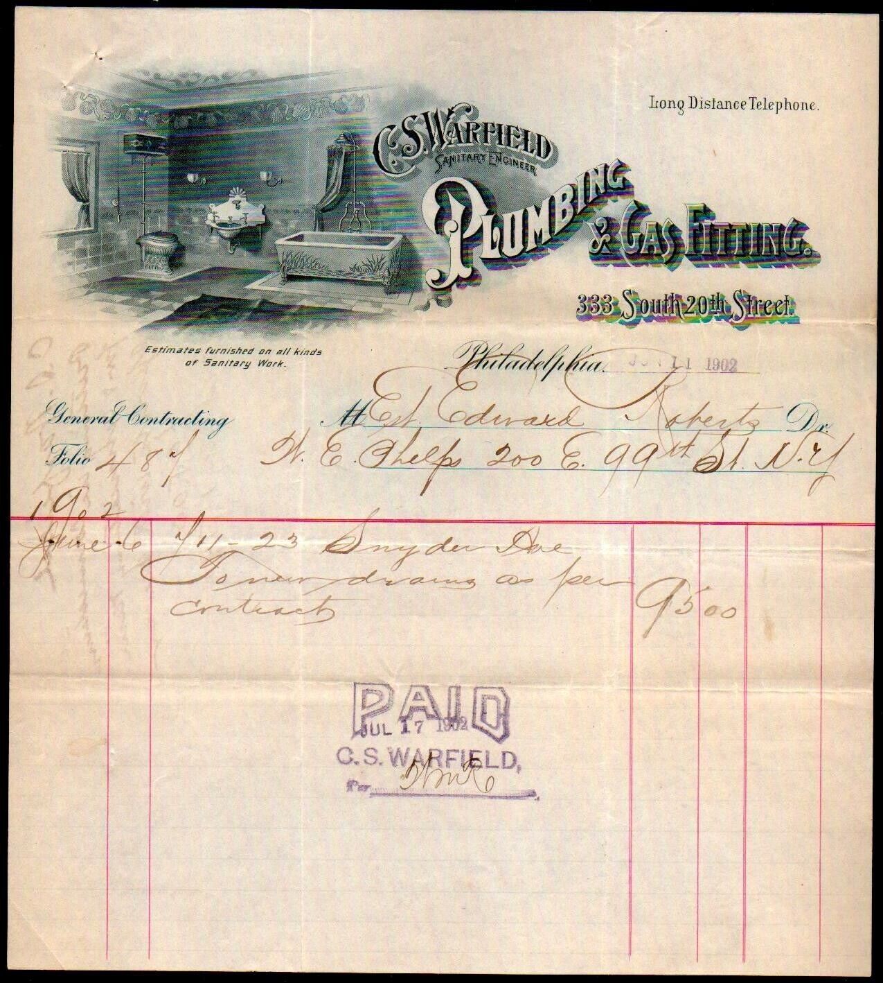 1902 Philadelphia - C S Warfield - Plumbing & Gas Fitting Rare Letter Head Bill