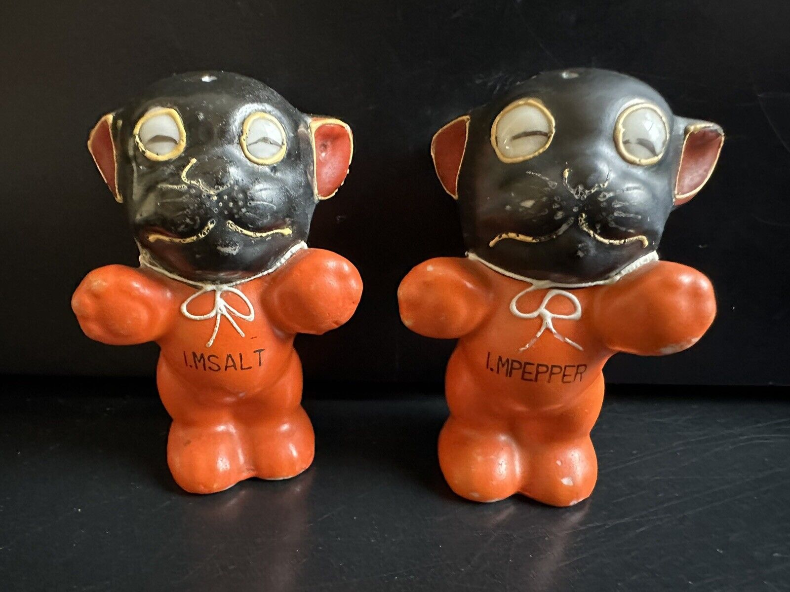 Vintage Porcelain Bonzo The Dog Salt & Pepper Shakers Orange & Black - Japan