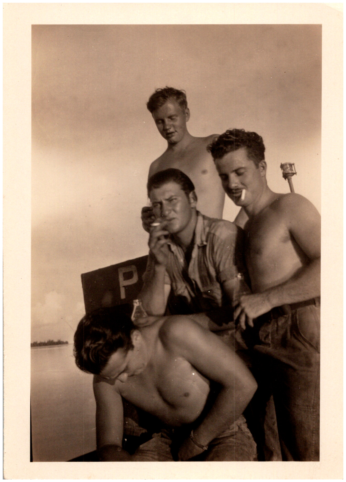 Group of Shirtless Hunky Men Smoking by the Sea Gay Interest 1940s Vintage Photo