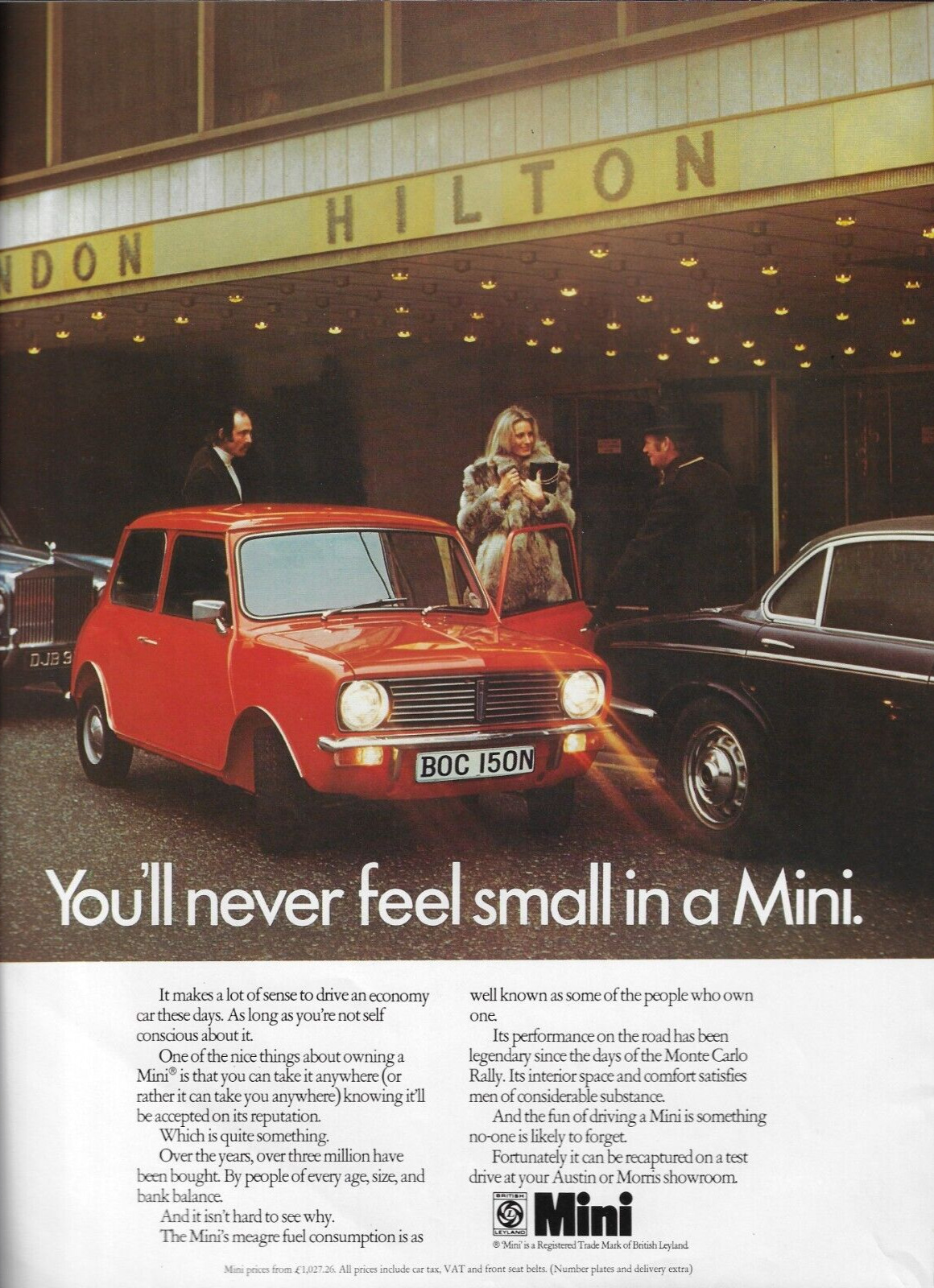 1981 British Leyland Mini Clubman Red London Hilton Fur Coat Vintage Print Ad x