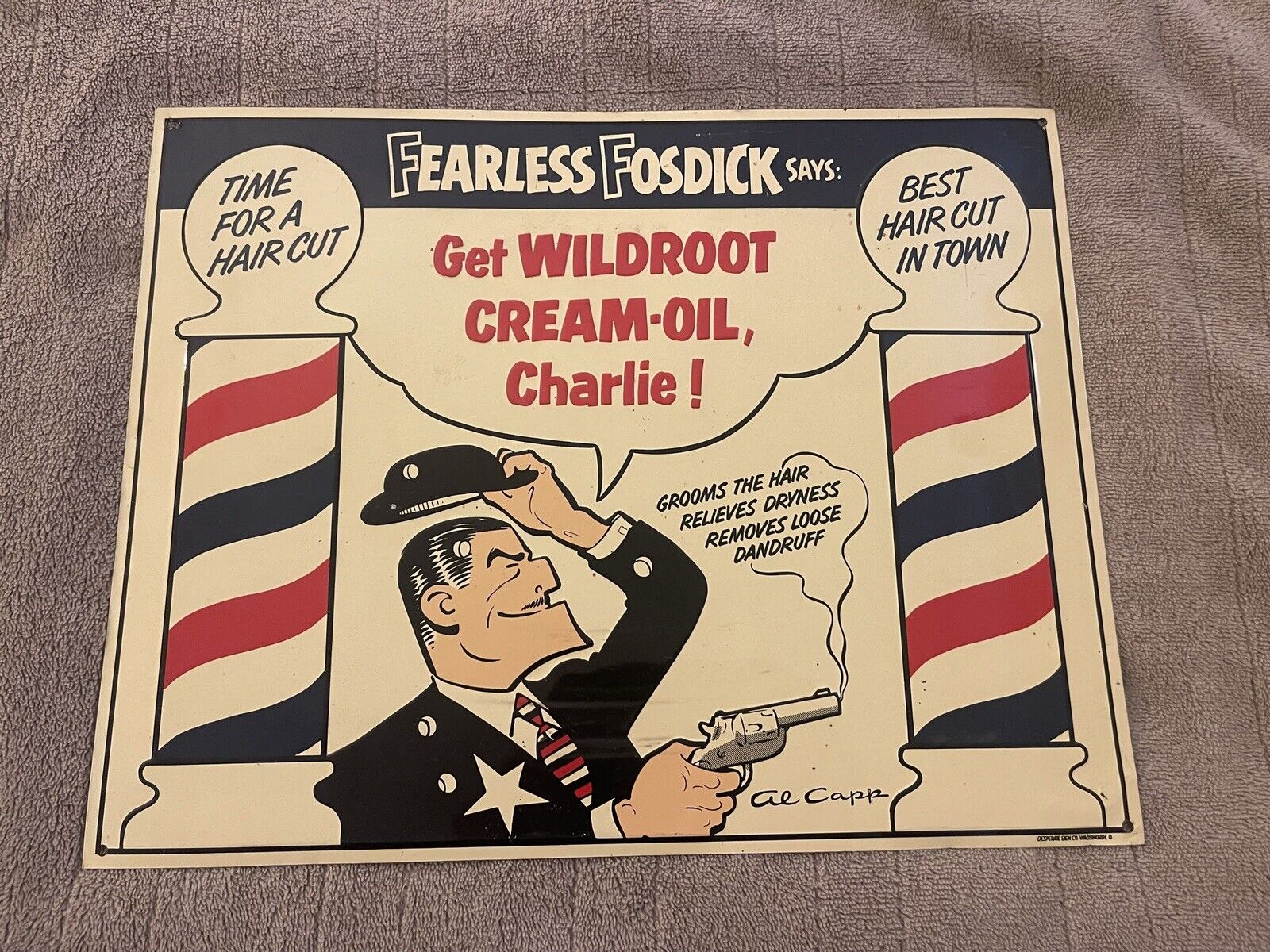 Vintage Fearless Fosdick Get Wildroot Cream-Oil Charlie Barber Shop Sign