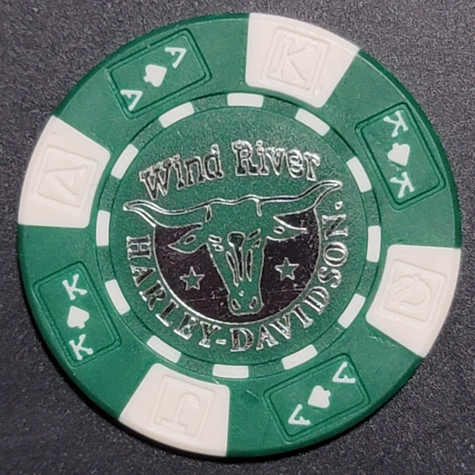 WIND RIVER HD ~ OKLAHOMA (Green AKQJ) Harley Davidson Poker Chip (CLOSED)