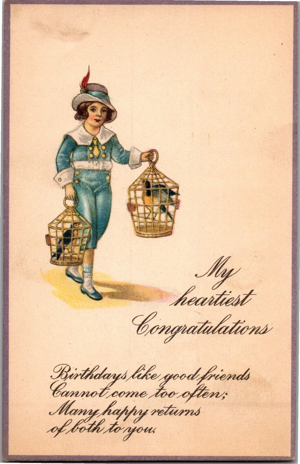 Fancy Boy with Birdcages Birds Cages Congratulations Vintage Postcard T34