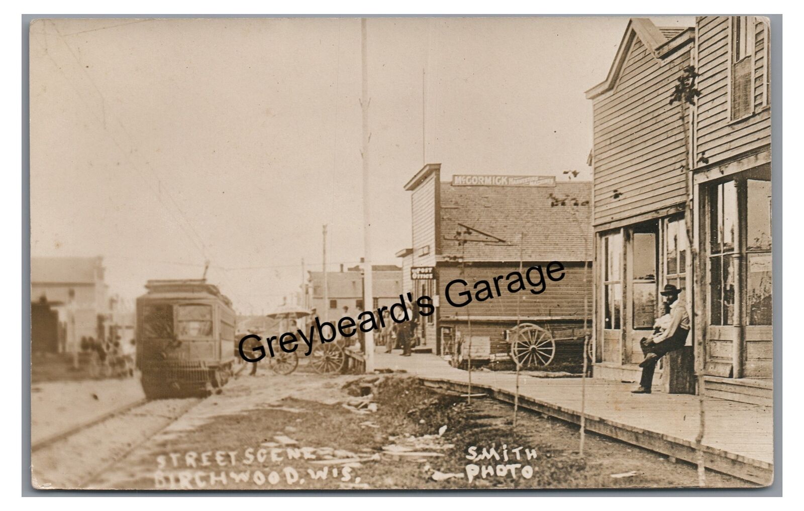 RPPC Added Trolley Street Scene BIRCHWOOD WI 1911 Wisconsin Real Photo Postcard