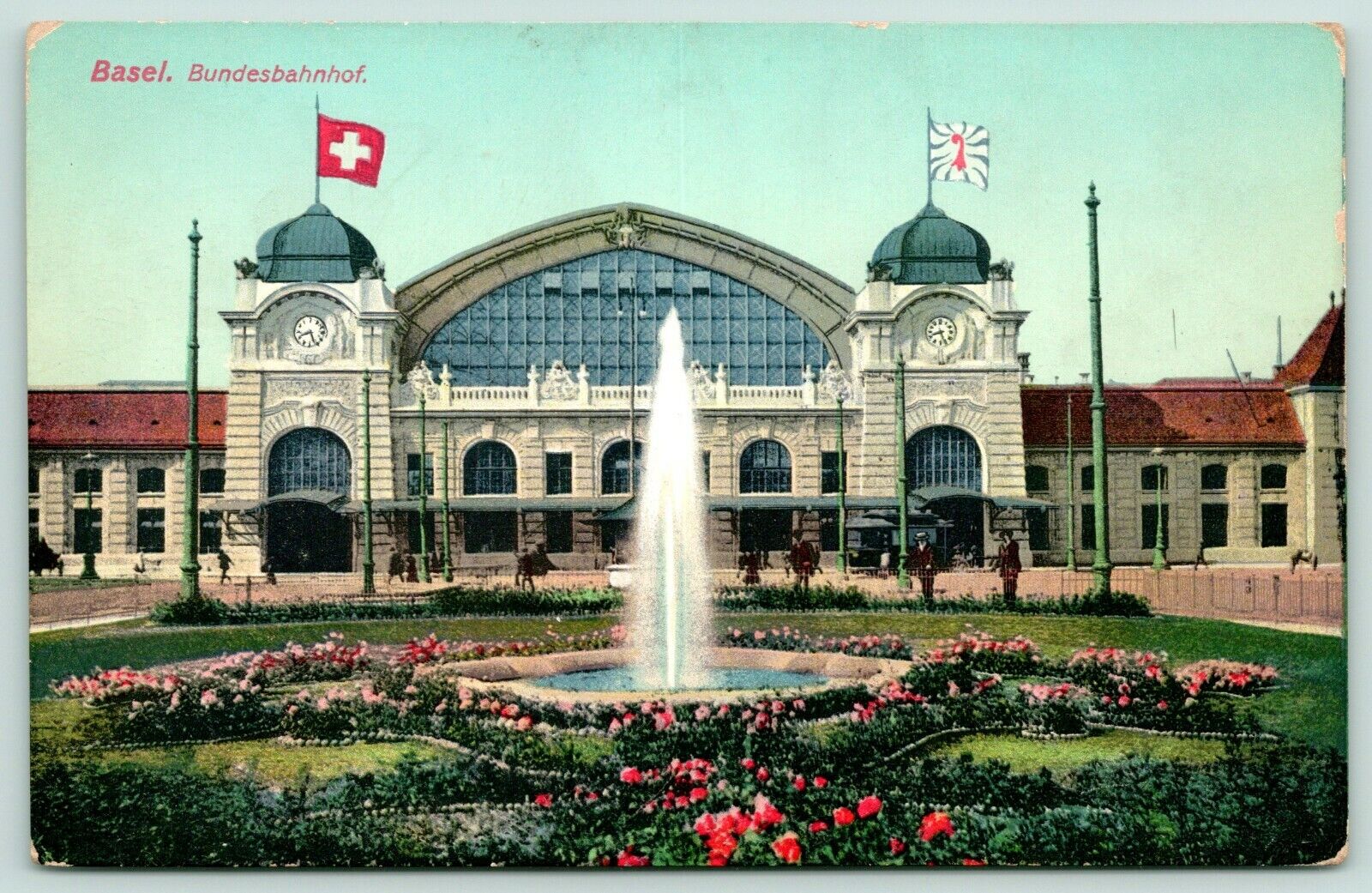 Basel Switzerland~8:25 at Bundes Bahnhof~Railroad Depot Clocktower~Flags~c1910