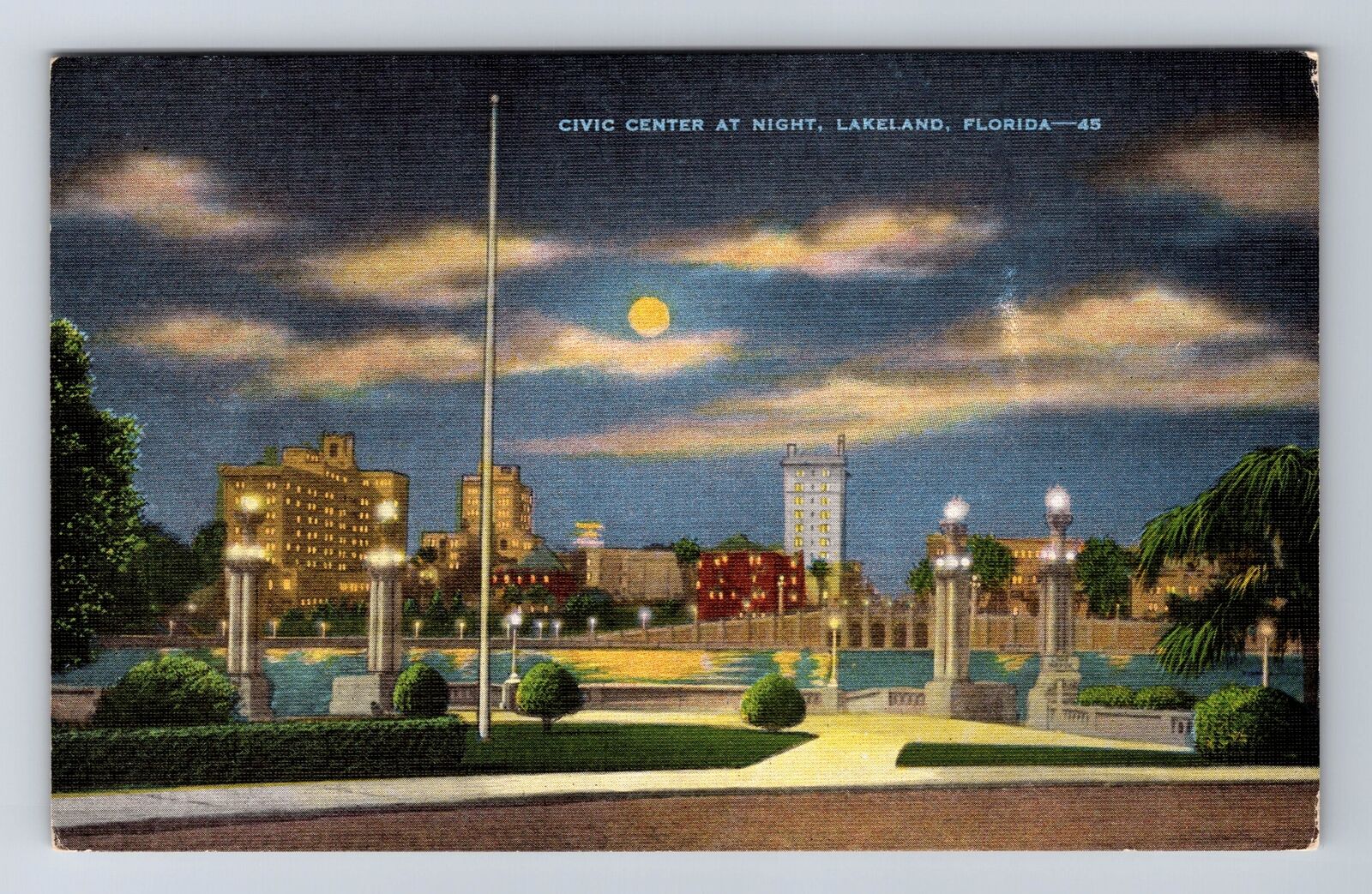 Lakeland FL-Florida, Civic Center at Night, Lake Mirror Vintage Postcard