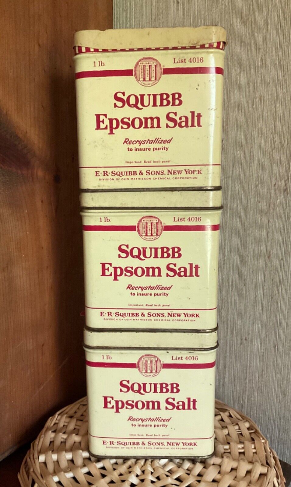 3 Vintage 1 lb Squibb Epson Salt Tins with lids List 4016