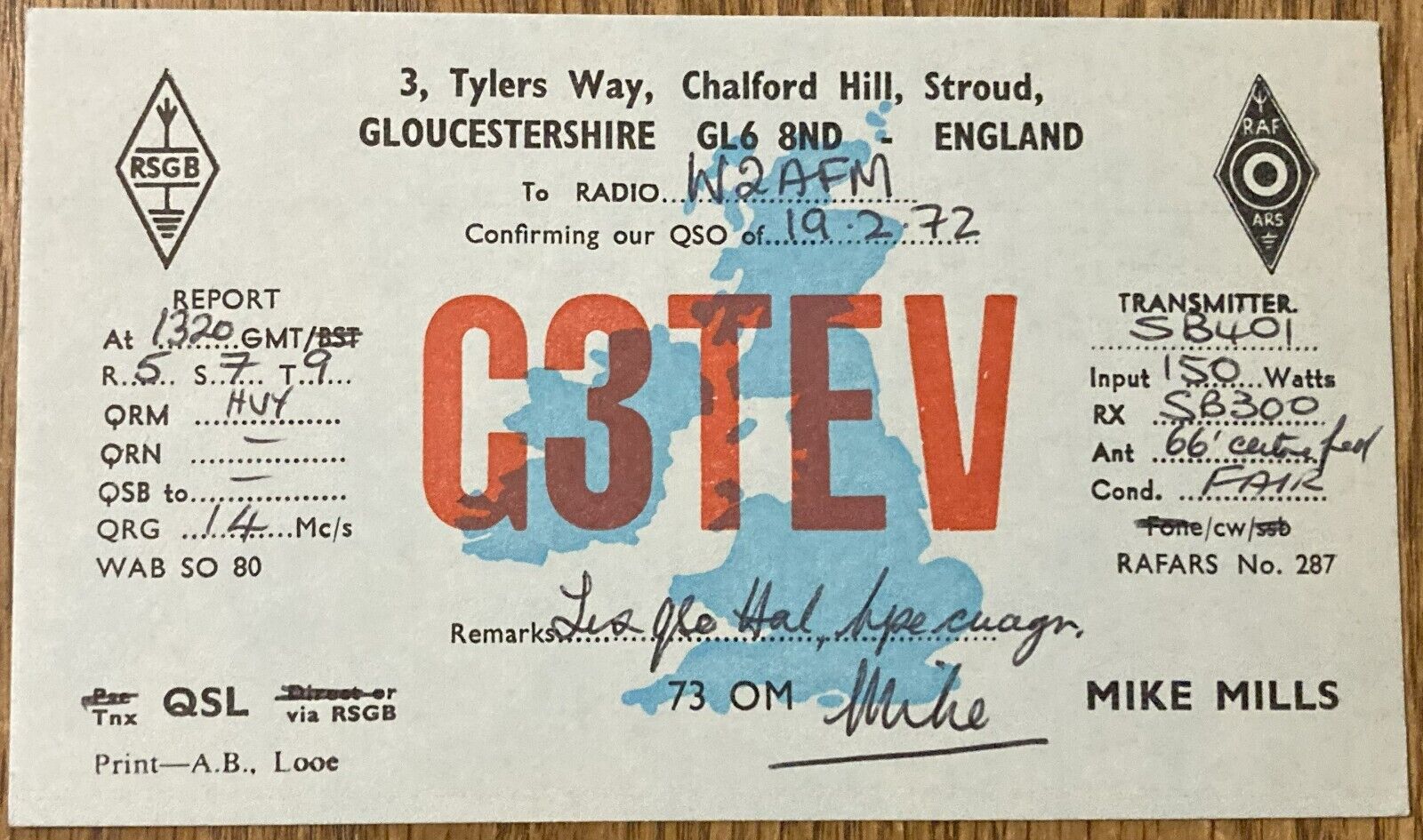 QSL Card - Stroud, Gloucestershire England Mike Mills G3TEV 1972 Map Postcard