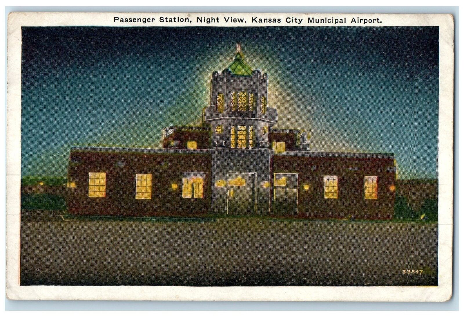 c1920\'s Passenger Station Night View Municipal Airport Kansas City MO Postcard