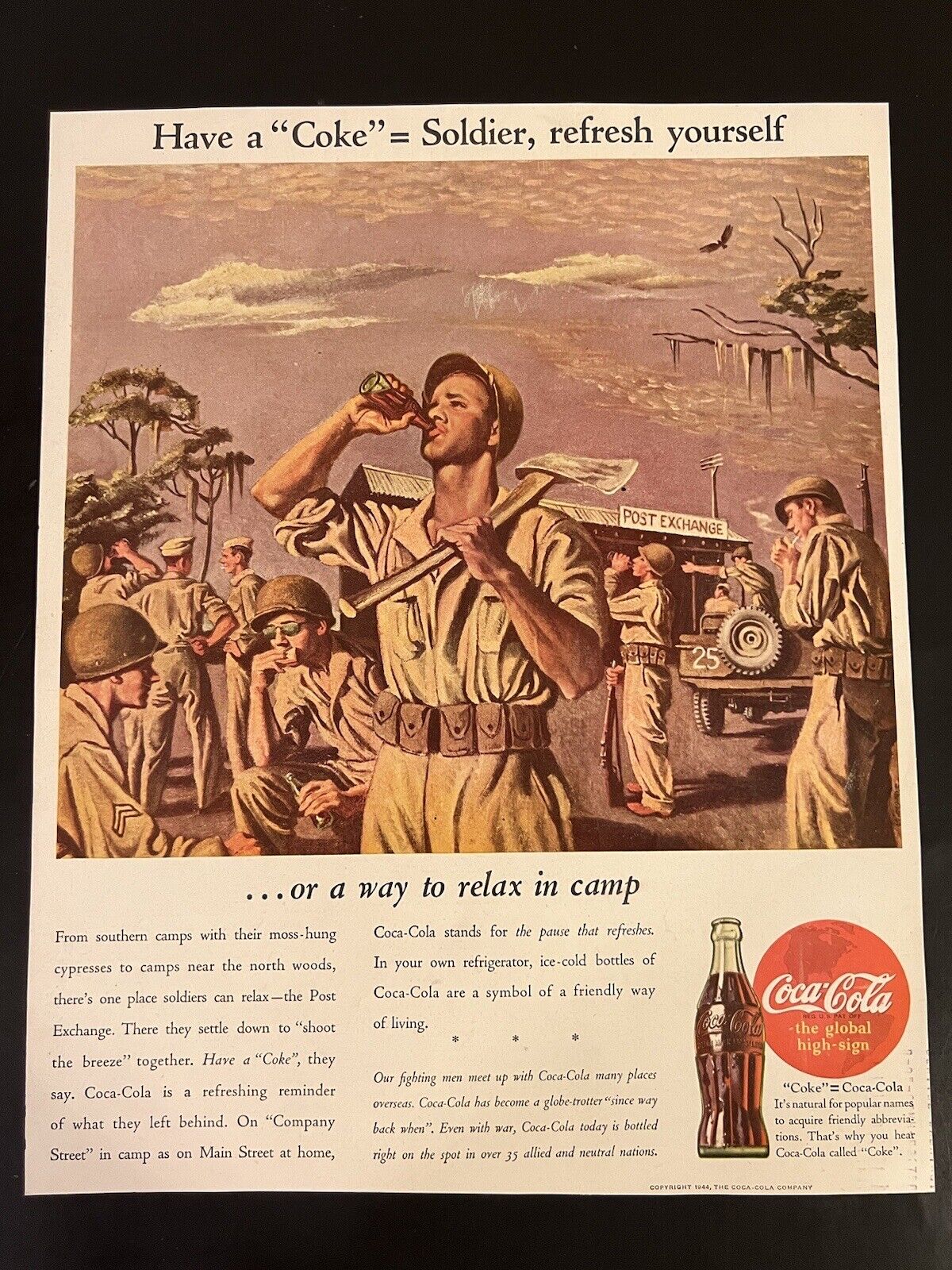 Coca-Cola 1944 WWII Era “Soldier Refresh” Magazine Print Add 10x12.5 Patriotic
