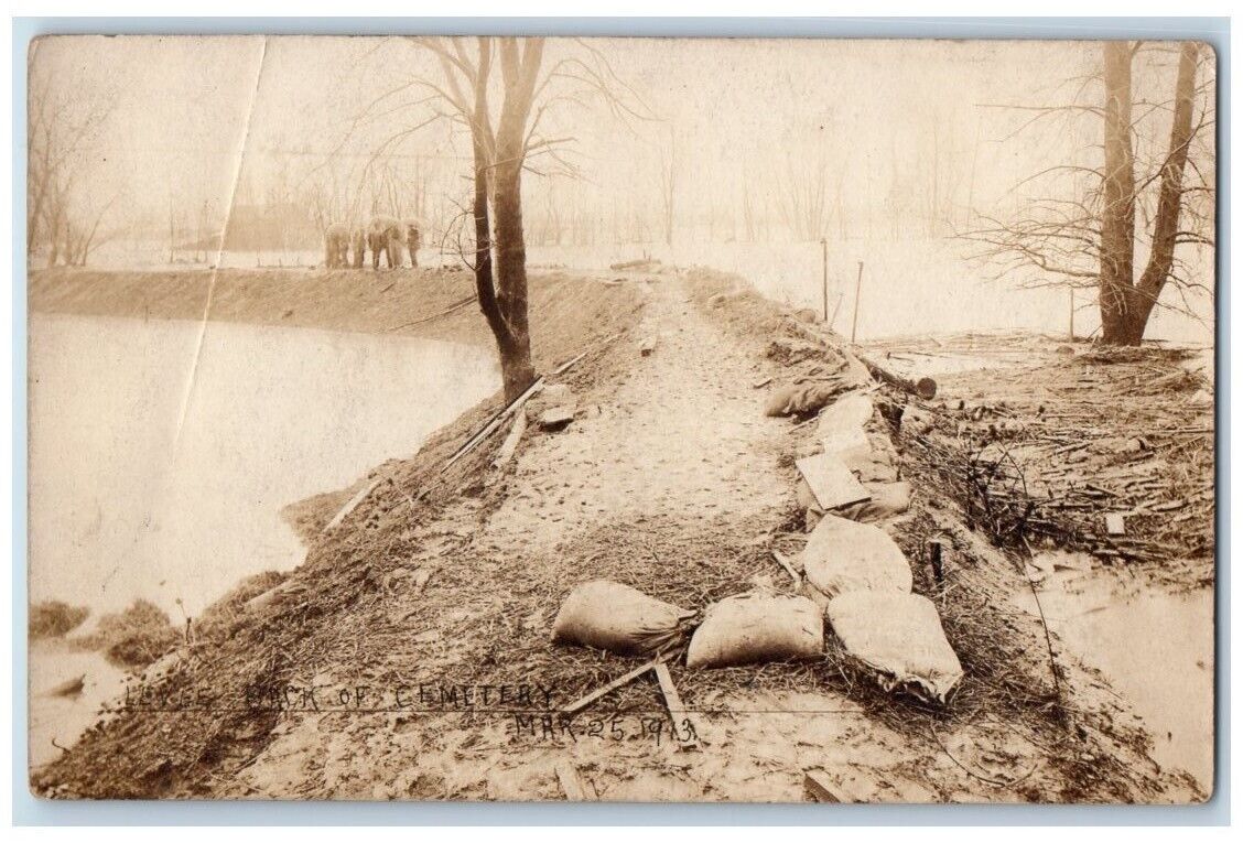 1913 Levee Back Of Cemetery Flood Disaster Sandbag Ohio OH RPPC Photo Postcard