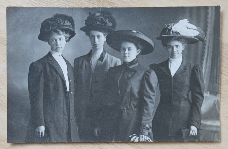 Postcard 4 women c 1915 with amazing hats, who are fed up with everything RPPC