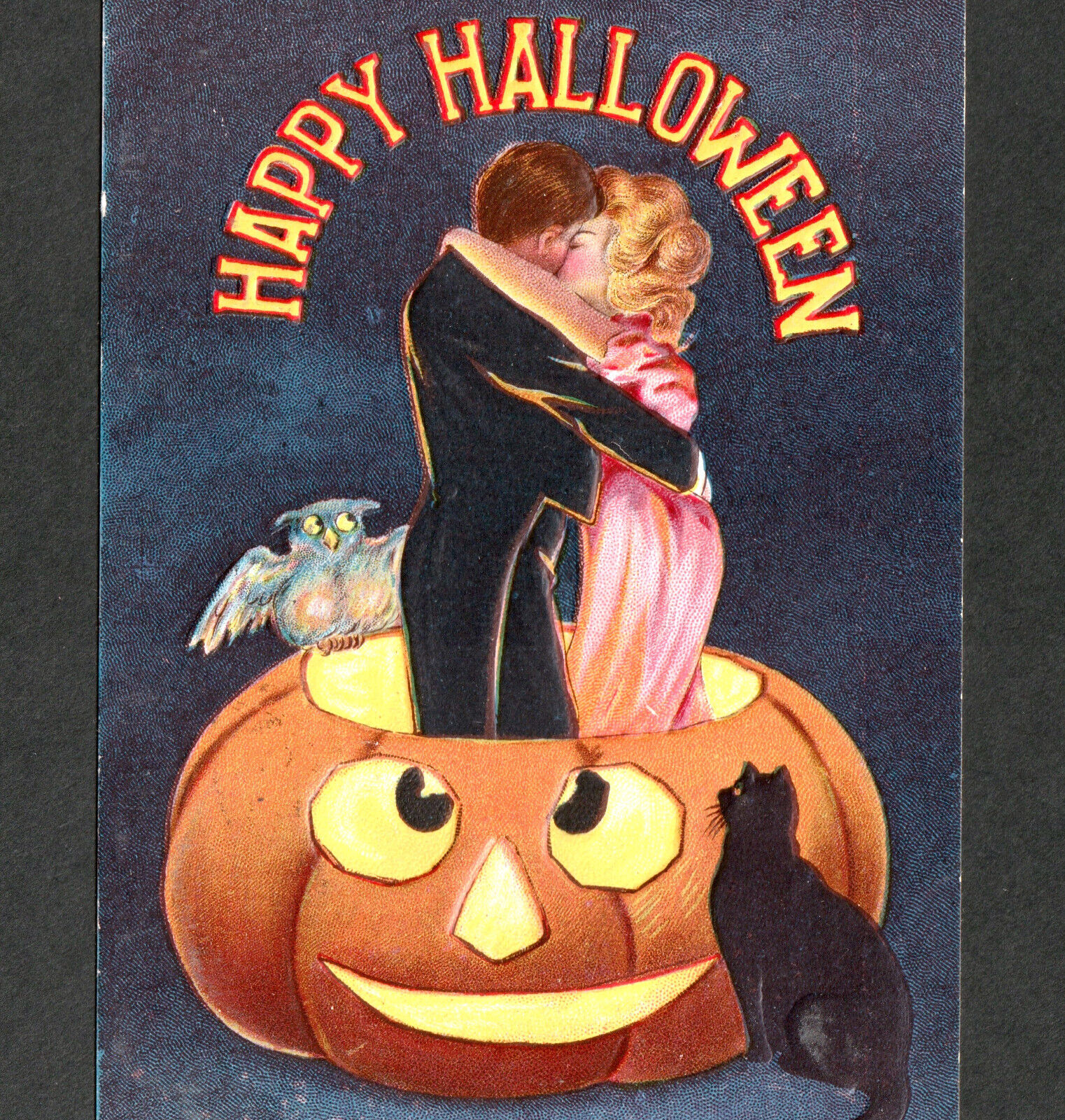 Happy Halloween 1908 Kissing Lovers P Sanders 240 JOL Owl Black Cat PostCard