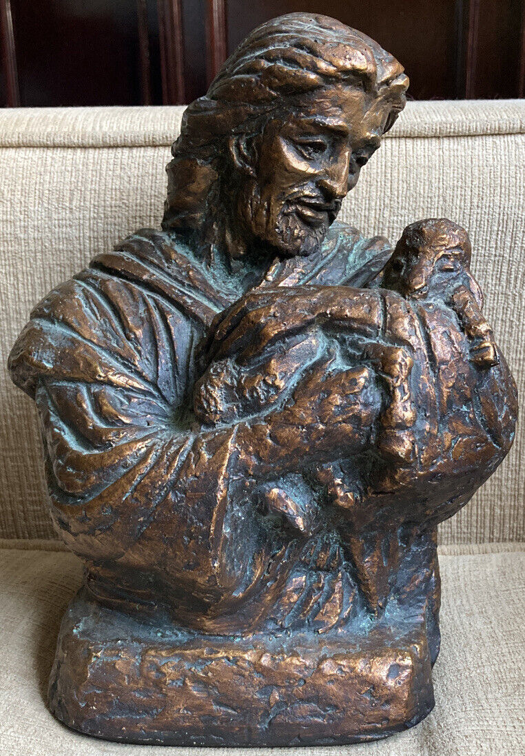 Vintage 1977 Bronze Tone Jesus Holding Lone Sheep From Flock Statue Sculpture