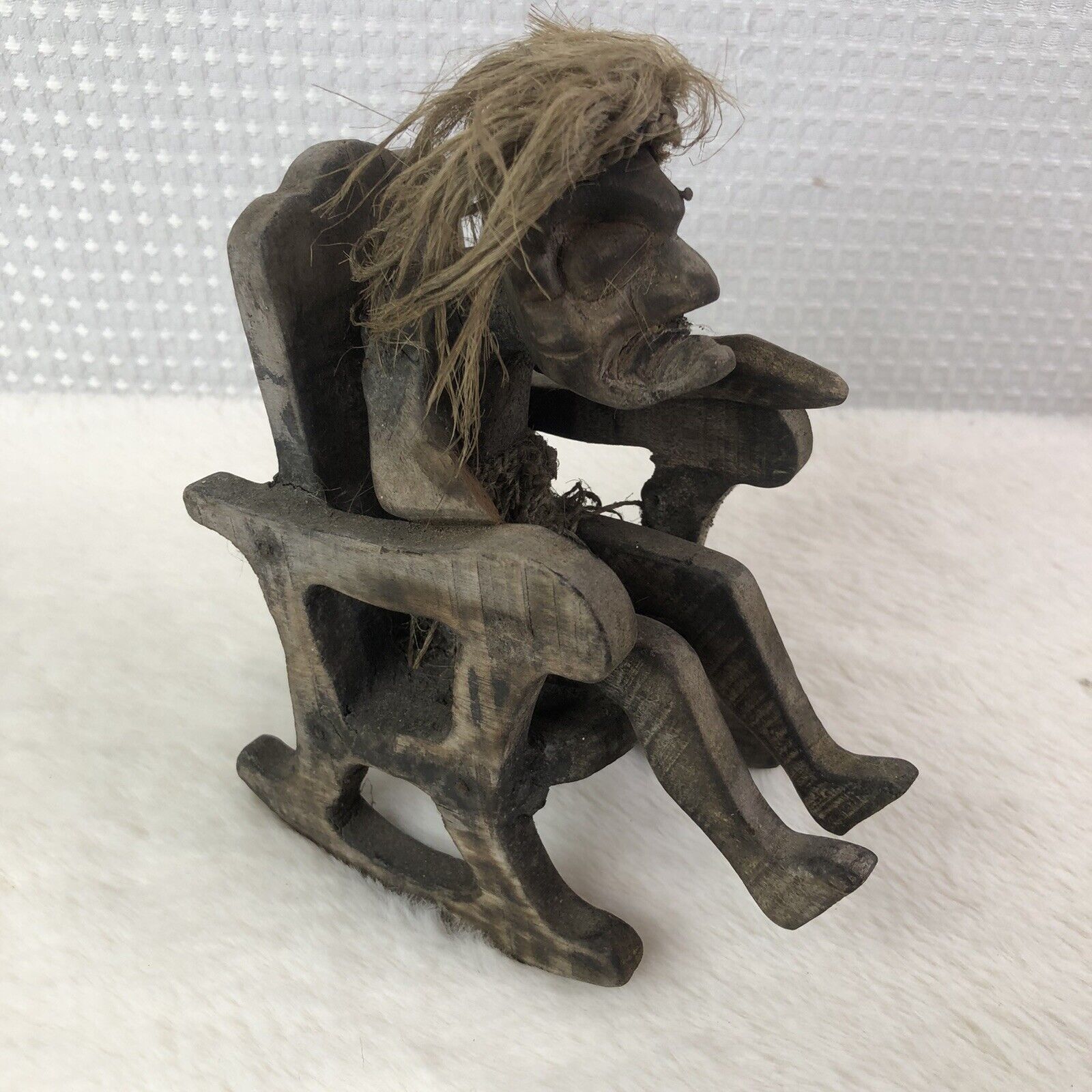Vintage Hand Carved Wooden Tribal Figure In Rocking Chair ~Old Lady Witch *READ*