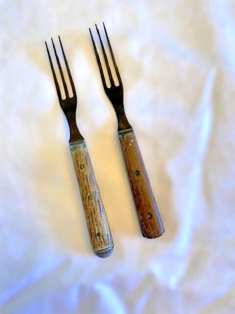 2 Antique Civil War era Wood Handled Forks 3 tines Pewter 3 Rivets
