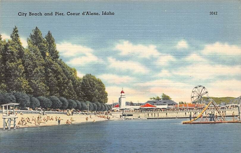 Postcard ID: City Beach & Pier, Amusements, Coeur d\'Alene, Idaho, Vintage Linen