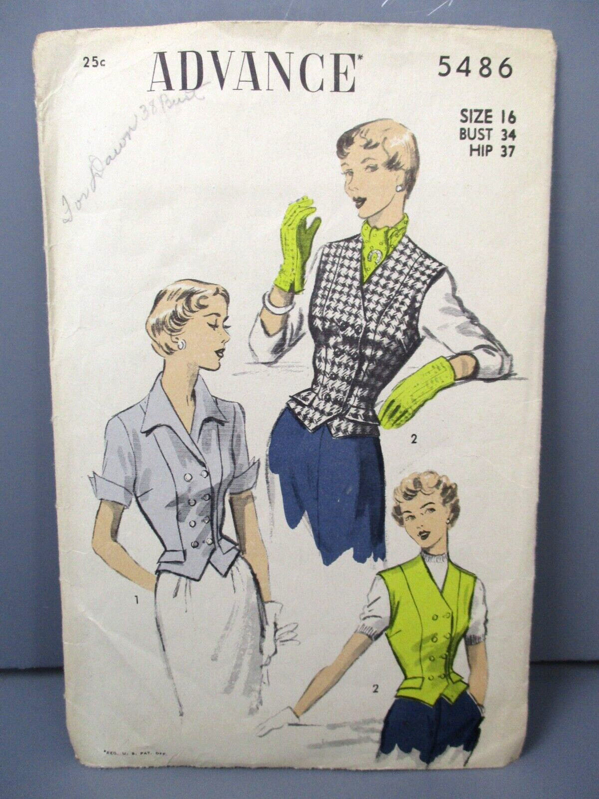 Vintage Advance Sewing Pattern 5486 Size 16 Bust 34 Hip 37 Womens Weskit Blouse
