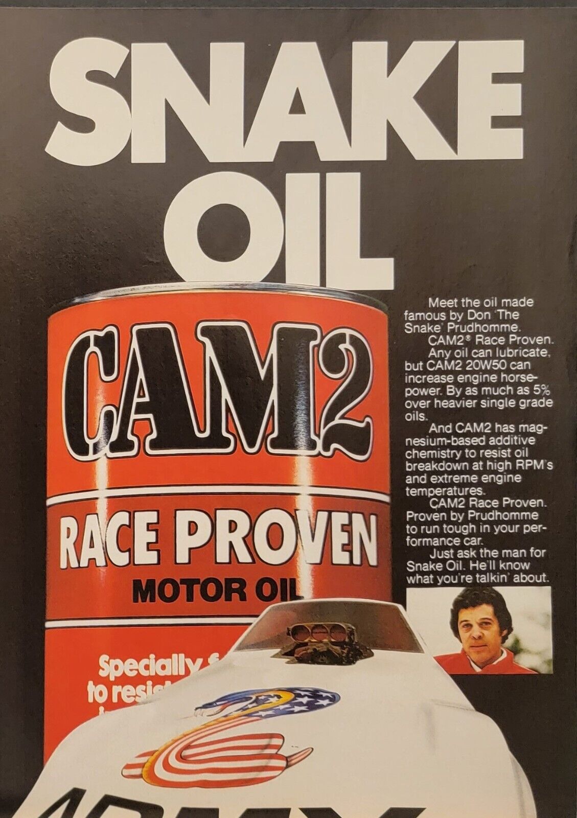 1978 CAM2 Racing Motor Oil Print Ad Don Prudhomme the Snake
