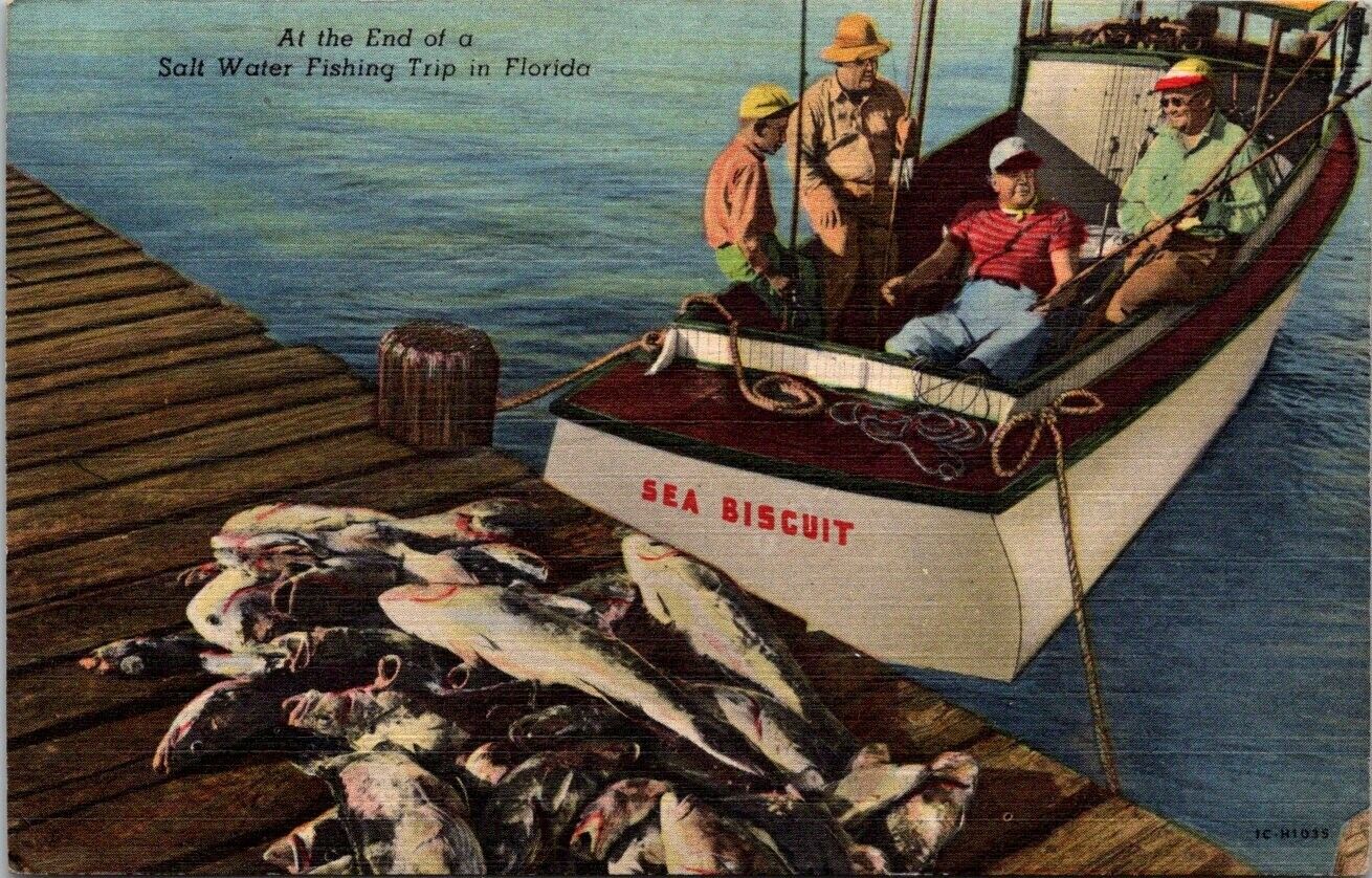 Tropical Florida End Of A Salt Water Fishing Trip Boat Sea Biscuit Vtg Postcard