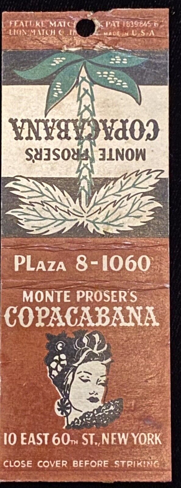 MONTE Proser’s Copacabana New York NY Vintage Front Bobtail Matchcover B-3326