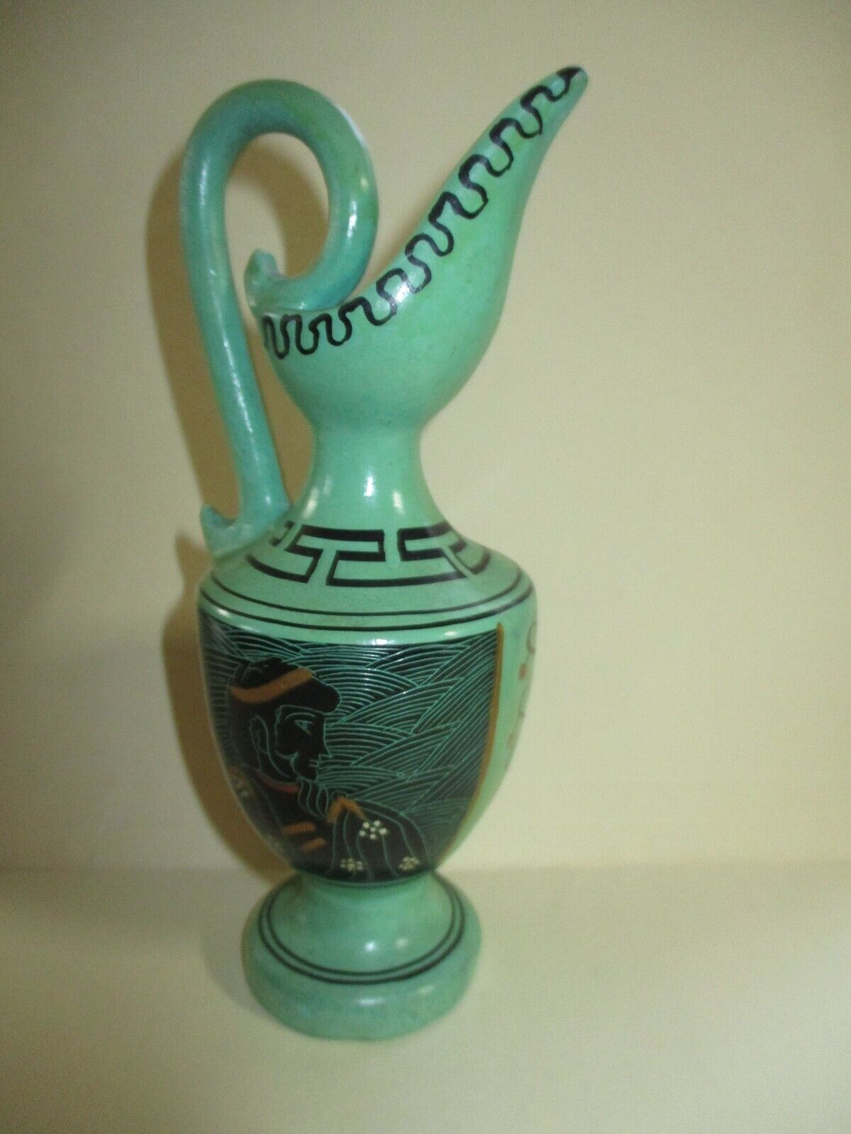 Vtg Handmade & Painted Green & Black Greek Pottery Vase Pitcher  6.5