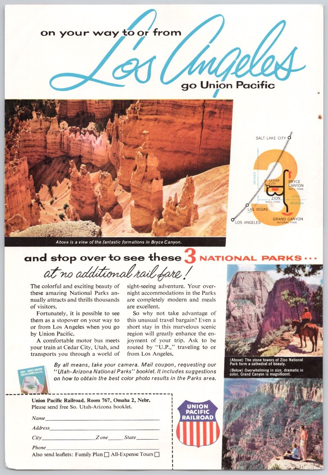 1950s Union Pacific Railroad Ad Visit 3 National Parks Grand Canyon Bryce Zion