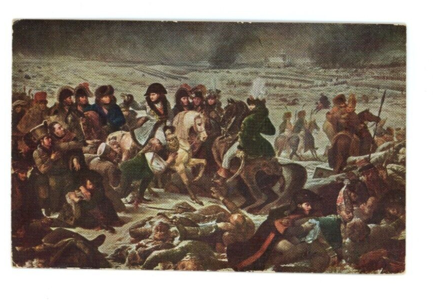 Postcard Chrome era Napoleon at the battle of Elyau Linen card