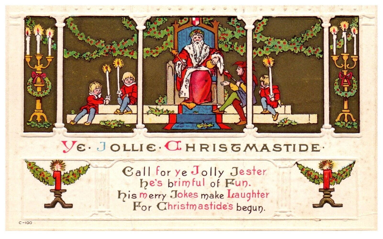 King Santa Christmas Medieval Revival Embossed Antique Postcard Posted c.1918