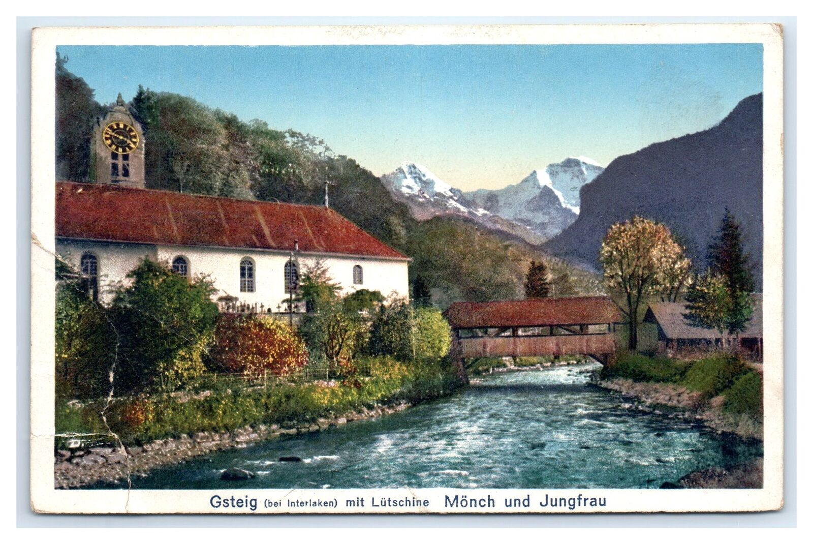 Gsteig, Switzerland Postcard-  GSTEIG WITH LÜTSCHINE RIVER MÖNCH AND JUNGFRAU MT