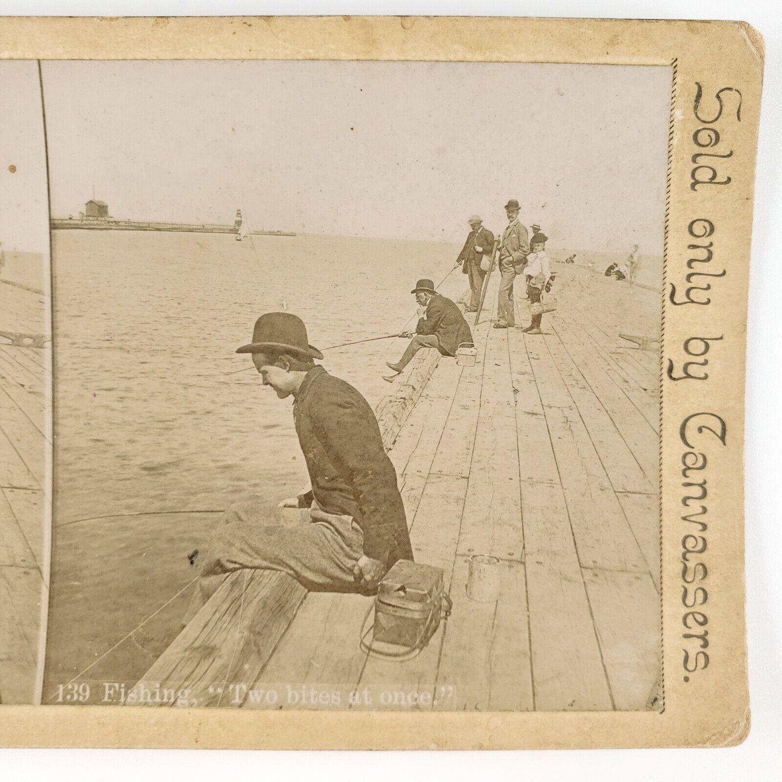 Men Fishing Off Dock Stereoview c1885 Bowler Hat Fishermen Pier Photo Card B2019