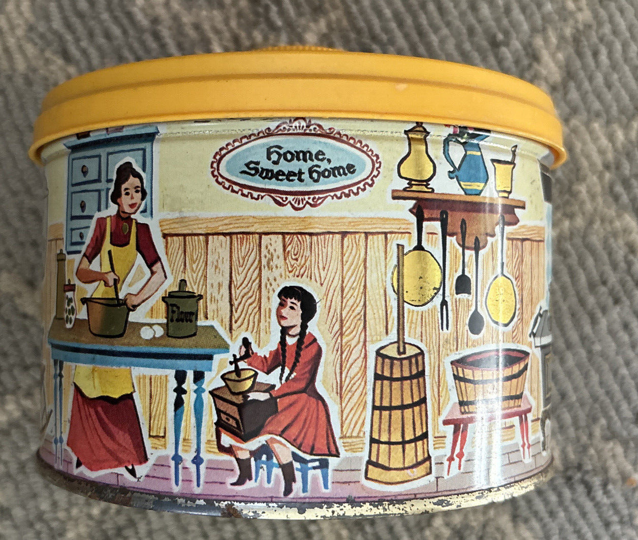 Mrs. Leland's Old Fashion Golden Butter Bits Metal Tin With Kitchen Scene 1958