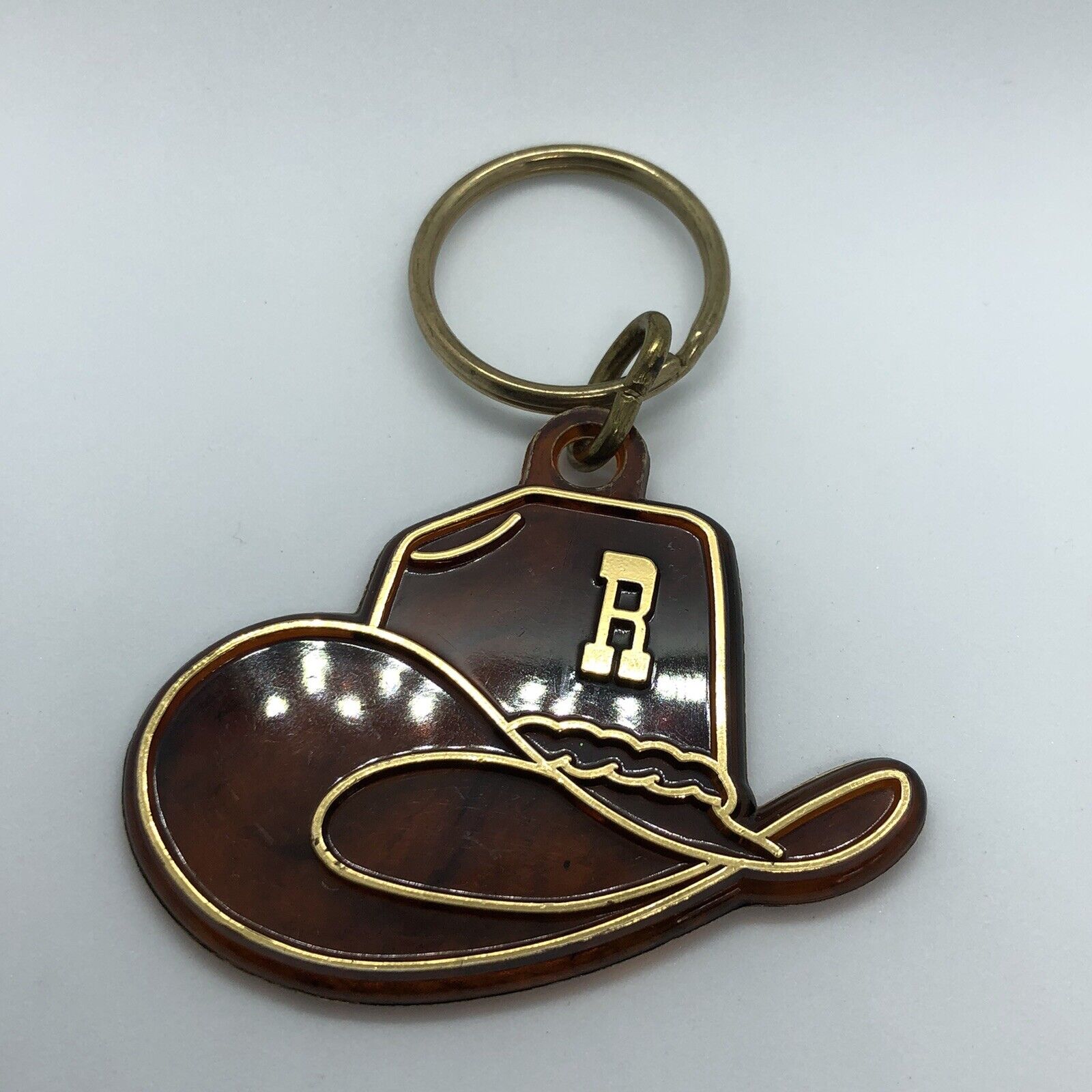 Vtg 1980 Amber Cowboy Hat Keychain w/ R Logo Key Ring