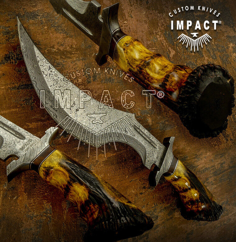 HAND MADE BY IMPACT CUTLERY RARE CUSTOM DAMASCUS  BOWIE KNIFE CROWN ANTLER