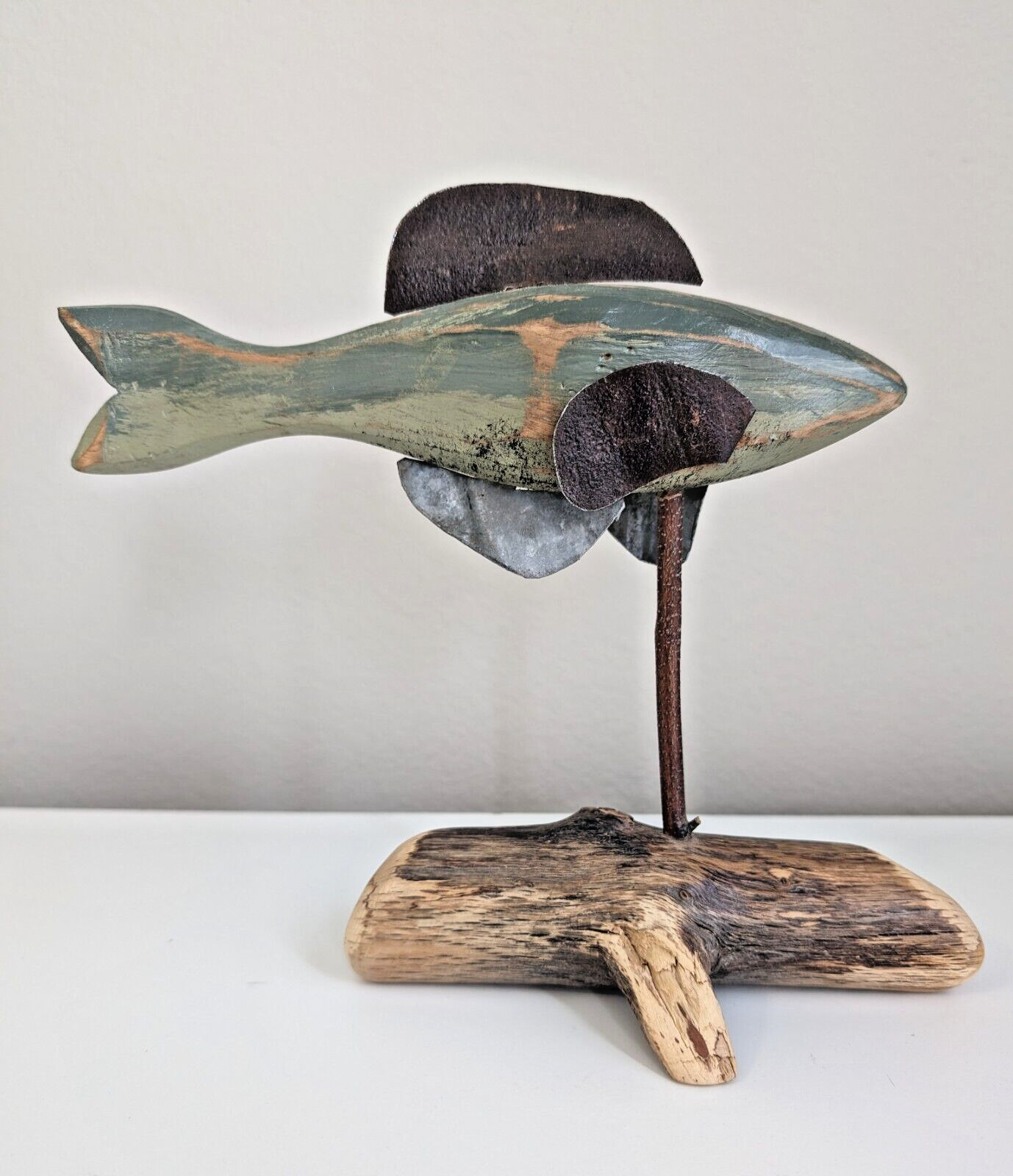 Primitive fish sculpture wood carved rustic rusty metal on stand driftwood folk