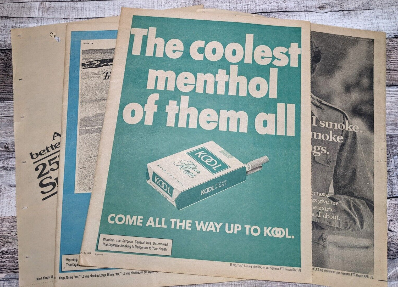 4 Large Tabloid Tobacco Advert Print Ads Winston Kent Kool Belair TV Movie Props